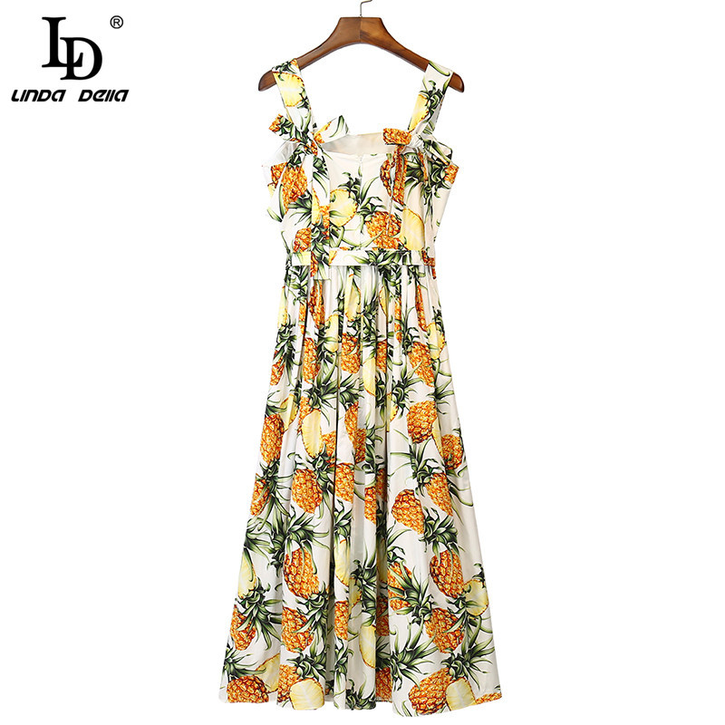Summer Fashion Cotton Elegant Vacation Dress Women Spaghetti Strap Pineapple print Bohemian Midi Dresses 210522