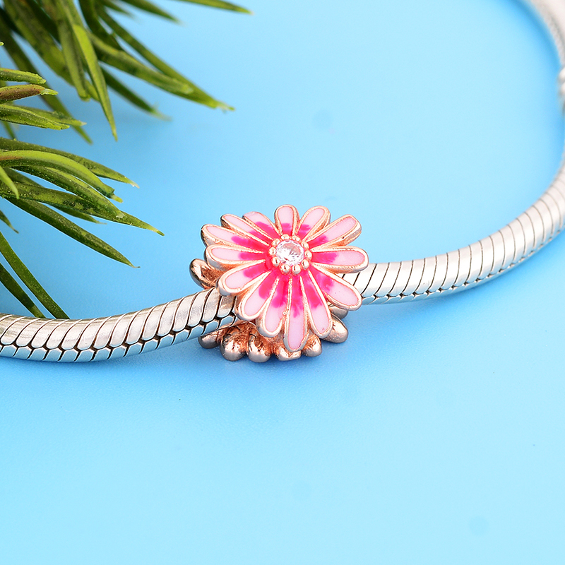 Authentic 925 Silver Fit Original Pan Charm Bracelet Pink Blue Enamel Daisy Flower Blooming Bead For Making Women Berloque