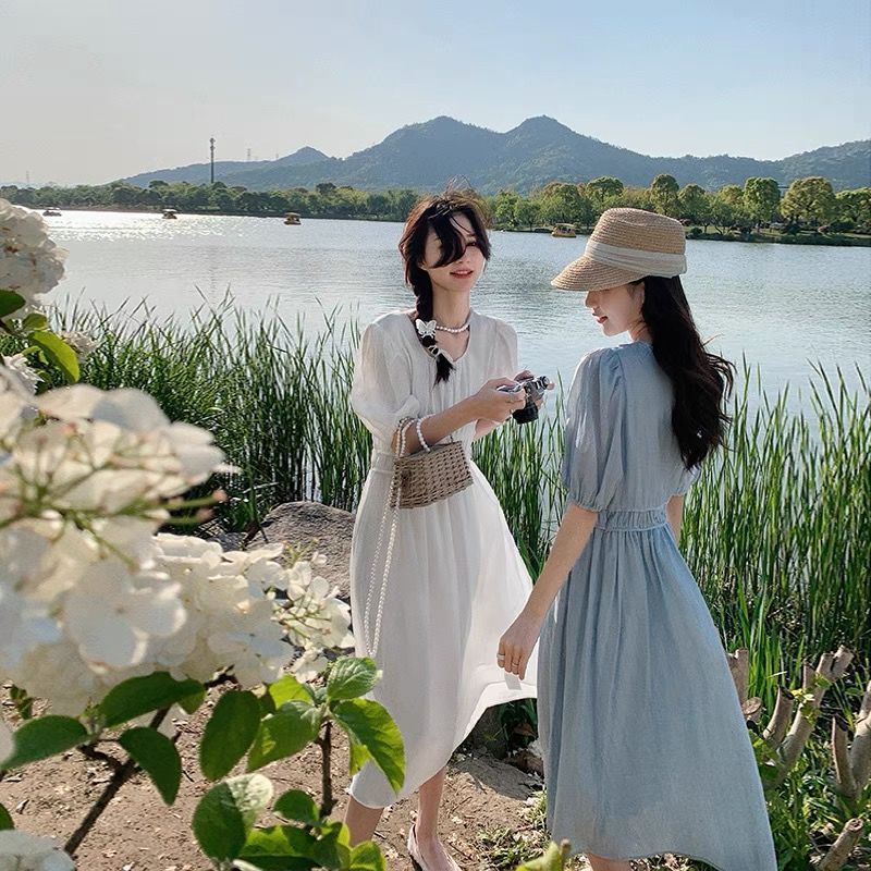 Dress Korean Summer Elegant Midi Dress Women Casual Short Sleeve Beach Solid Dress Female Evening Party Basic 210521