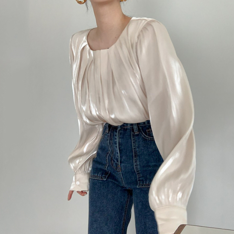 Nomikuma Causal Solid O-neck Women Blouses Korean Pleated Puff Long Sleeve Shirt Spring New Pullover Blusas Mujer 6D785 210427