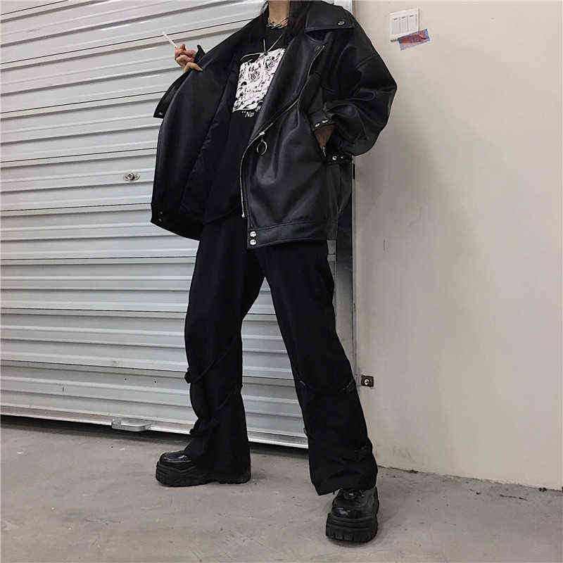IEFB /men's wear Autumn fashion streetwear Black PU Leather oversize Jacket Loose Zipper Korean hip hop coat 9Y1188 211119