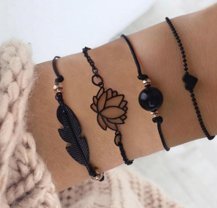 Fashion 4PCs Gothic Black Feather Lotus Bracelets Set Heart Charm Boho Bangles For Women Wrist Chain Bracelets GC540