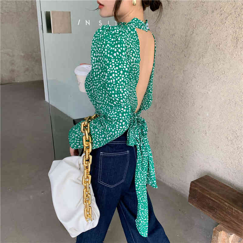 Sexy Backless Green Chiffon Floral Print Women Blouse Shirt O Neck Puff Long Sleeve Short Bloused Lace Up Ladies Blusas 210519