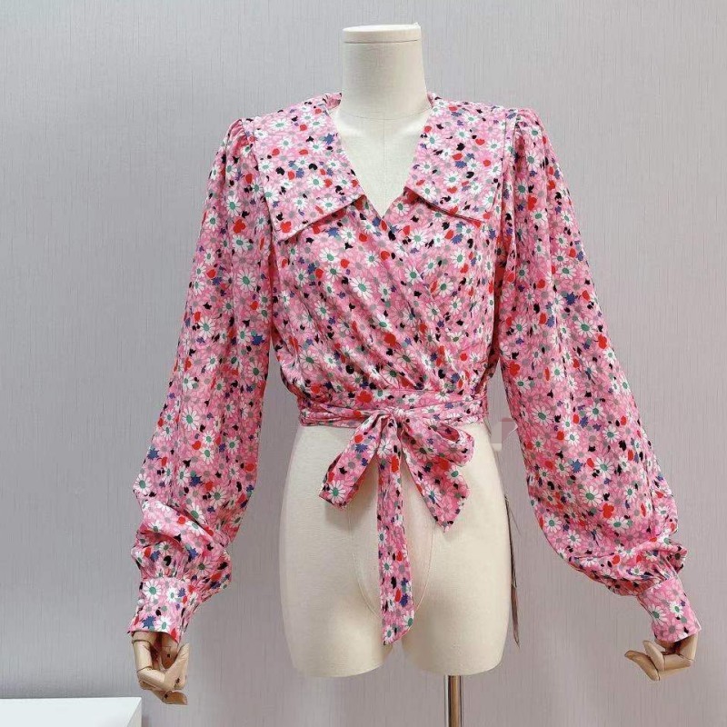 Korean Style Spring Blouse Women Pink Flower Puff Sleeve Top Ladies Elegant Peter Pan Collar Lace Up Bow Chic Blouse 210518
