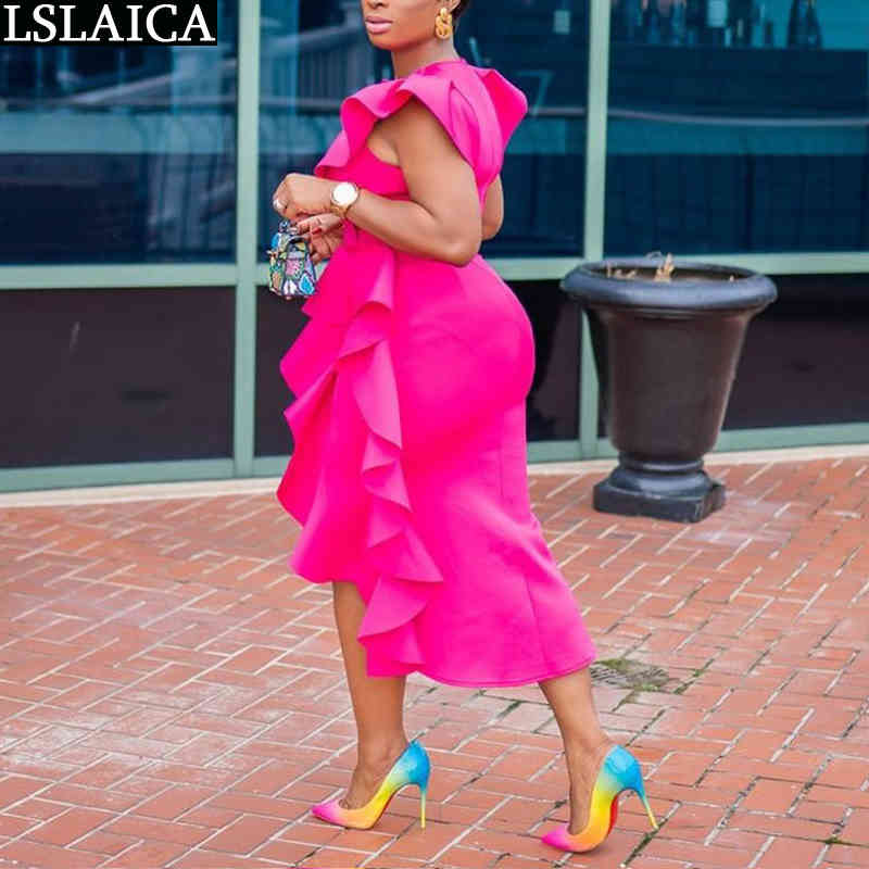 Irregular Dress Solid Color Fashion Personalized Elegant Formal Party Slim Flounced Edge V-Neck Flying Sleeve Casual 210515