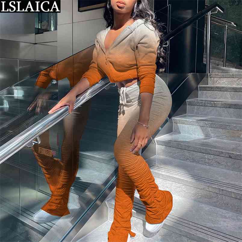 Tie Dye Print Two Piece Set Fall Clothes for Women Casual Tracksuit Hooded Zipper Crop Top Stacked Pants Fashion Streetwear 210515