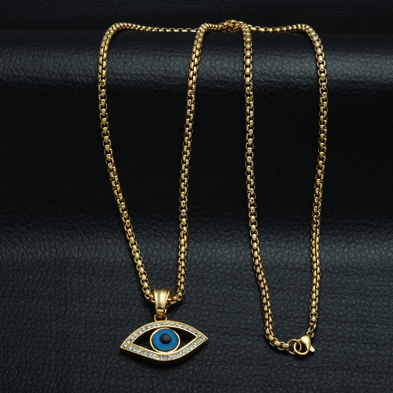 Turkish Blue Eye Necklace Gold 316L Stainless Steel Evil Eyes Pendant Necklaces Chains for Women Fashion Crystal Rhinestone Mens Lucky Jewelry Birthda
