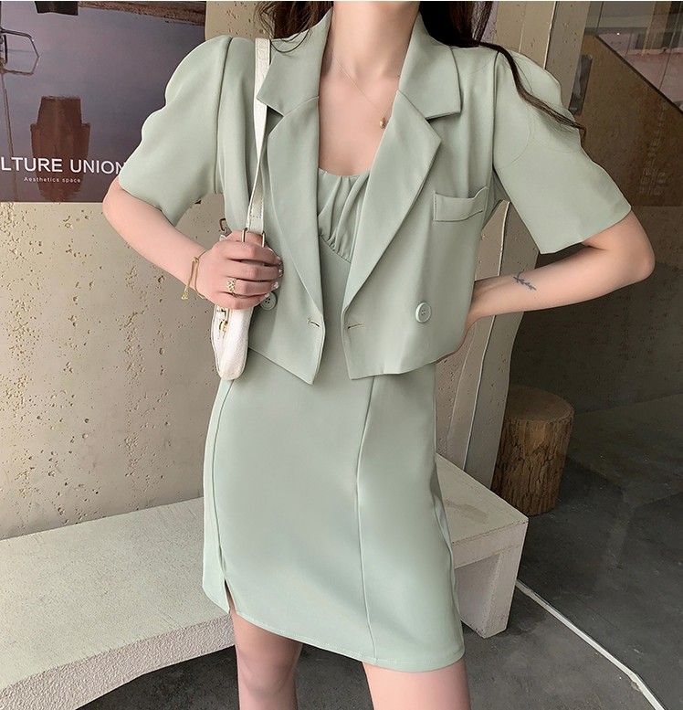 Office OL Puff Short Sleeve Blazer Coat + Sexy Ruched Sling Dress Fashion Women Two Piece Set Summer Female Outfits 210518