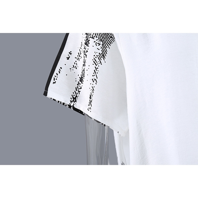 [EAM] Women White Big Size Hand-painted Dress Round Neck Short Sleeve Loose Fit Fashion Spring Summer 1DD7141 210512