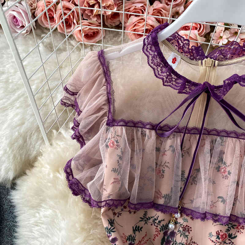 Gagarich Women Dress Summer French Palace Style Ladies Vintage Celebrity Temperament Tie Collar Ruffle Printed Mesh Vestido 210409