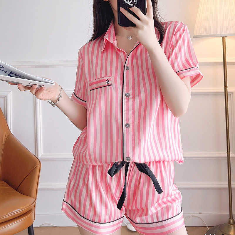 Pink 2 Pieces Pajamas Sets Faux Silk Striped Pyjama Sleepwear Spring Summer Homewear 210809