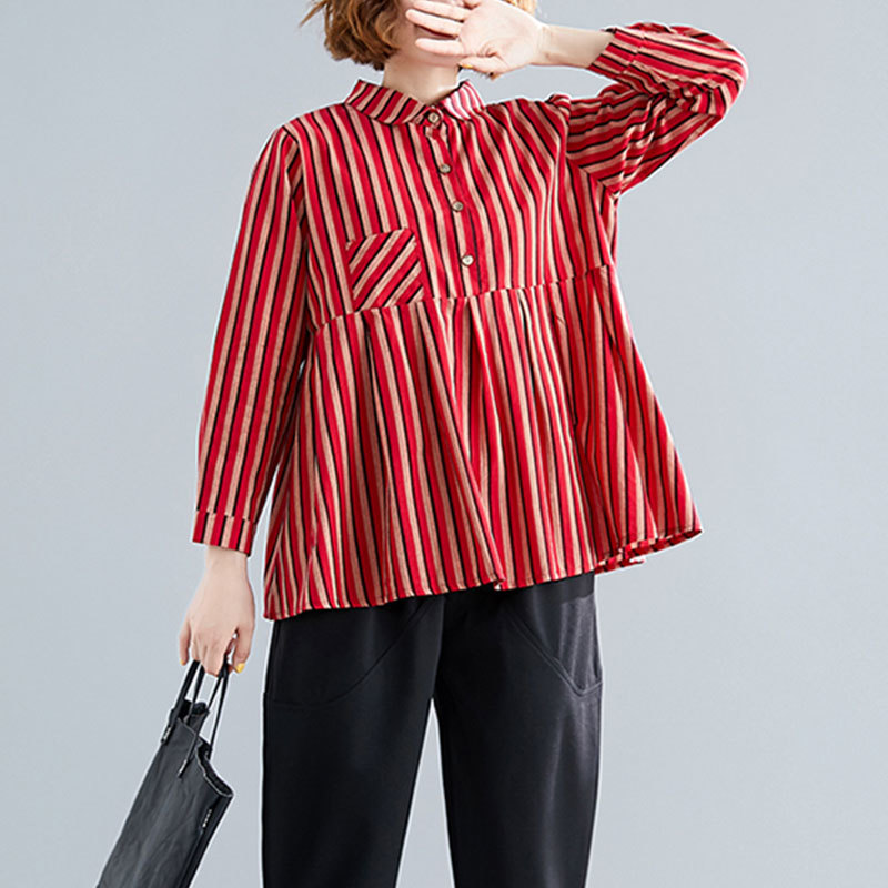 Spring Autumn Arts Style Women Long Sleeve Loose Casual Blouse Cotton Linen Vintage Striped Shirts Plus Size M605 210512