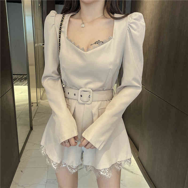 Summer Korean Women Elegant Solid Jumpsuit Lace Long Sleeve V Neck Office Lady Short Wide leg Bodysuit With Belt 210519