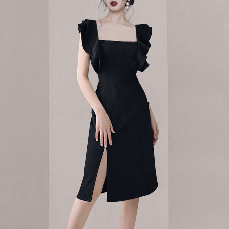 French Women Elegant Ruffles Sleeveless Vintage Square Collar Black Slim Dress Bodycon Sexy Split Party Vestidos 210519