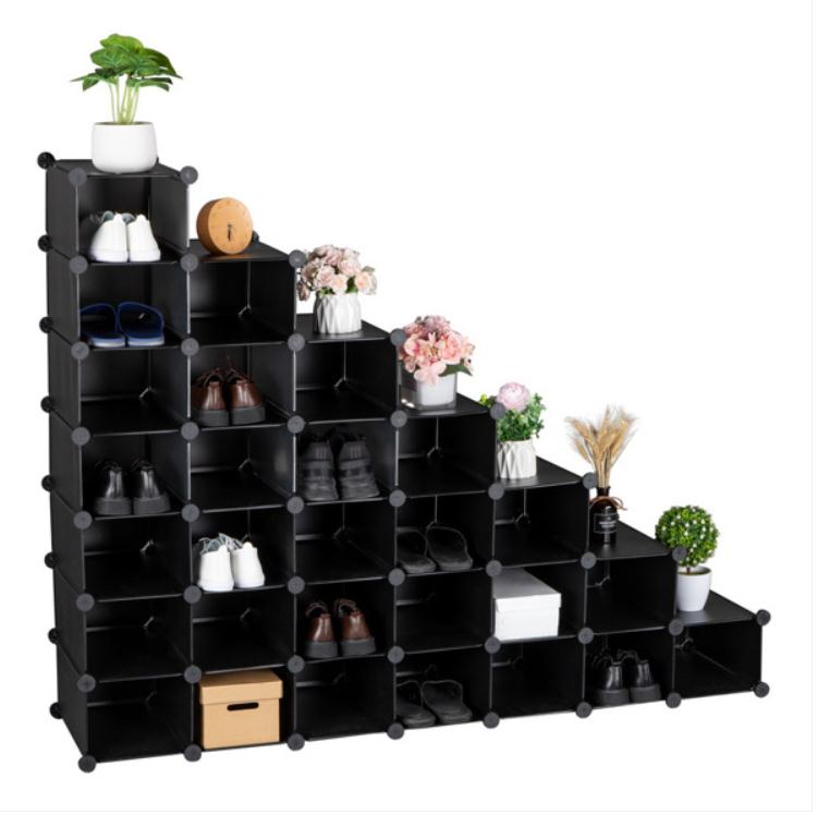2022 Boxes & Bins 7-Tier Shoe Rack Space Saving 28-Pair Plastic Units Cabinet Storage Organizer Ideal for Entryway Hallway Bathroom Living Room Black