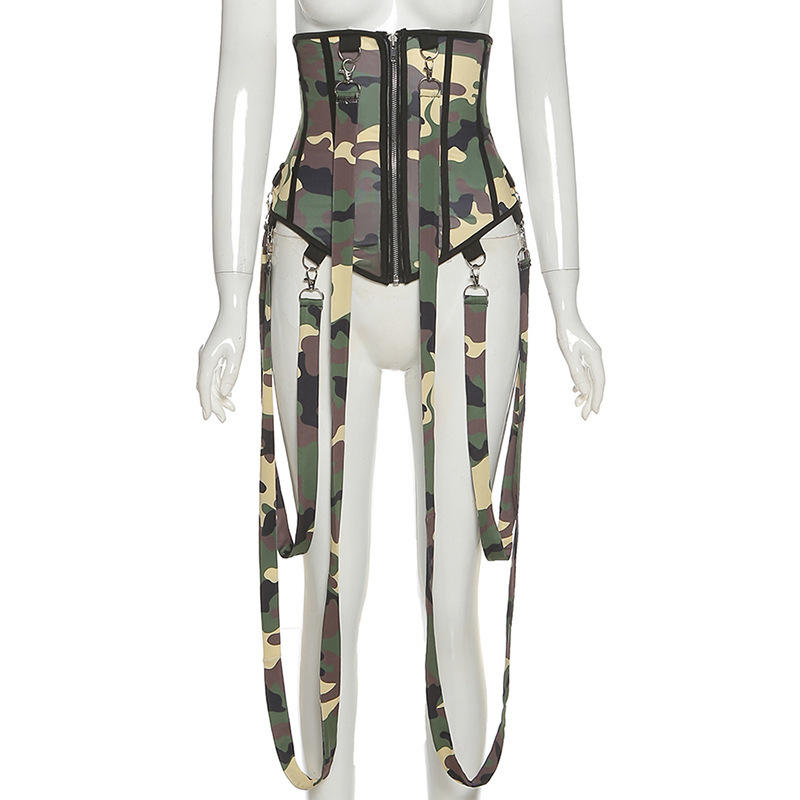 NewAsia Corset Top Fashion Strapless Sleeveless Zipper Camouflage Print Belt Bodycon off Shoulder Blouse Women Sexy Club Outfits 210413