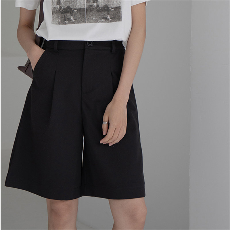 Black Solid Women's Loose Shorts BF High Waist Brief Chic Summer Large Size Casual Straight Female Wide Leg 210421