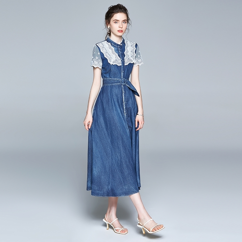 Women Long Denim Summer Dress Fashion Lace up Blue es Short Sleeve Patchwork Big Swing Female Vestidos 210520