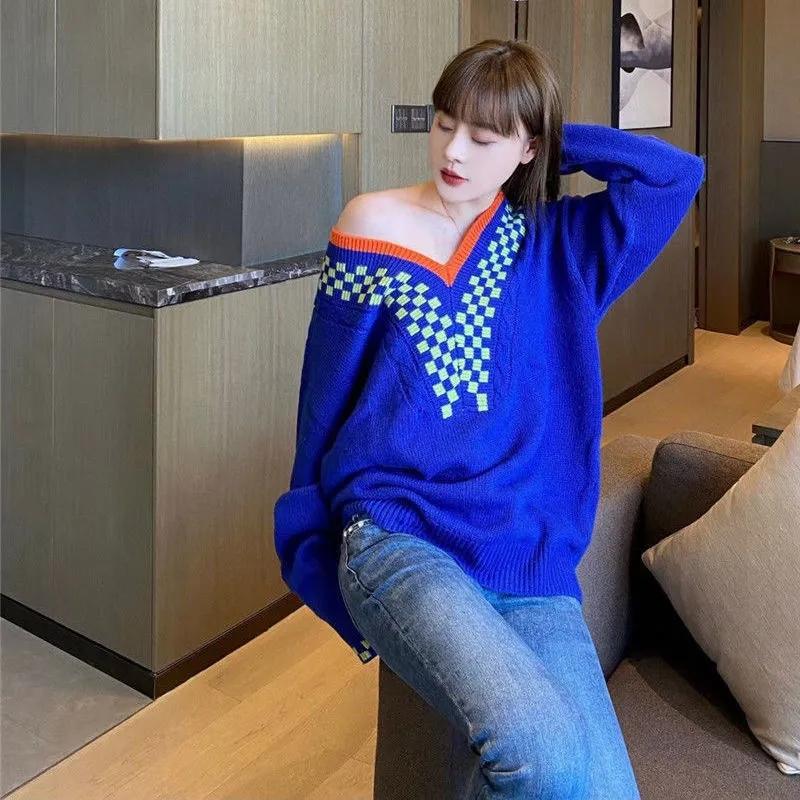Women's Sweaters TSXT High Version L Home Blue V-Neck Long Sleeve Pullover Loose Outer Wear Knit Design Slimming Age Sweater