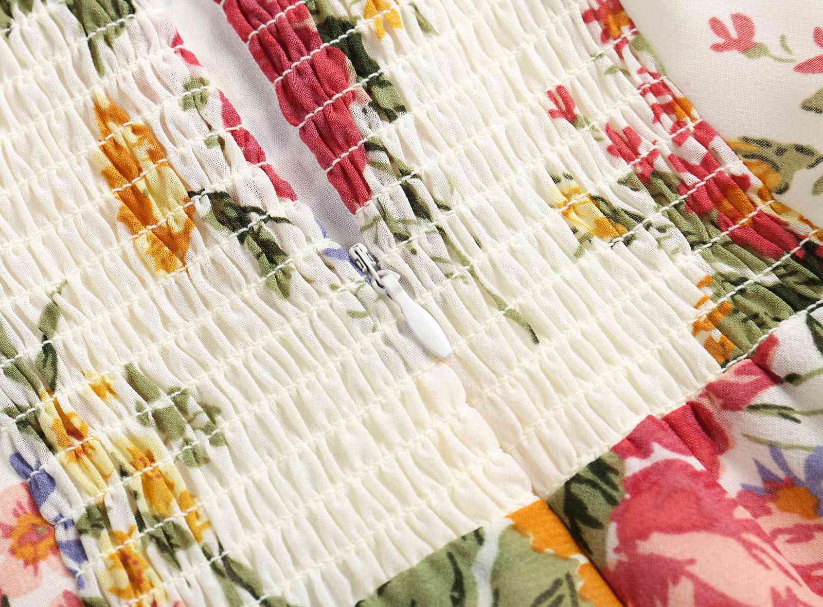 Vintage French Flower Print Tie Bow Spaghetti Strap Short Summer Dress Women Wood ear Ruffles Hem Ruched Back Sling Dresses 210429