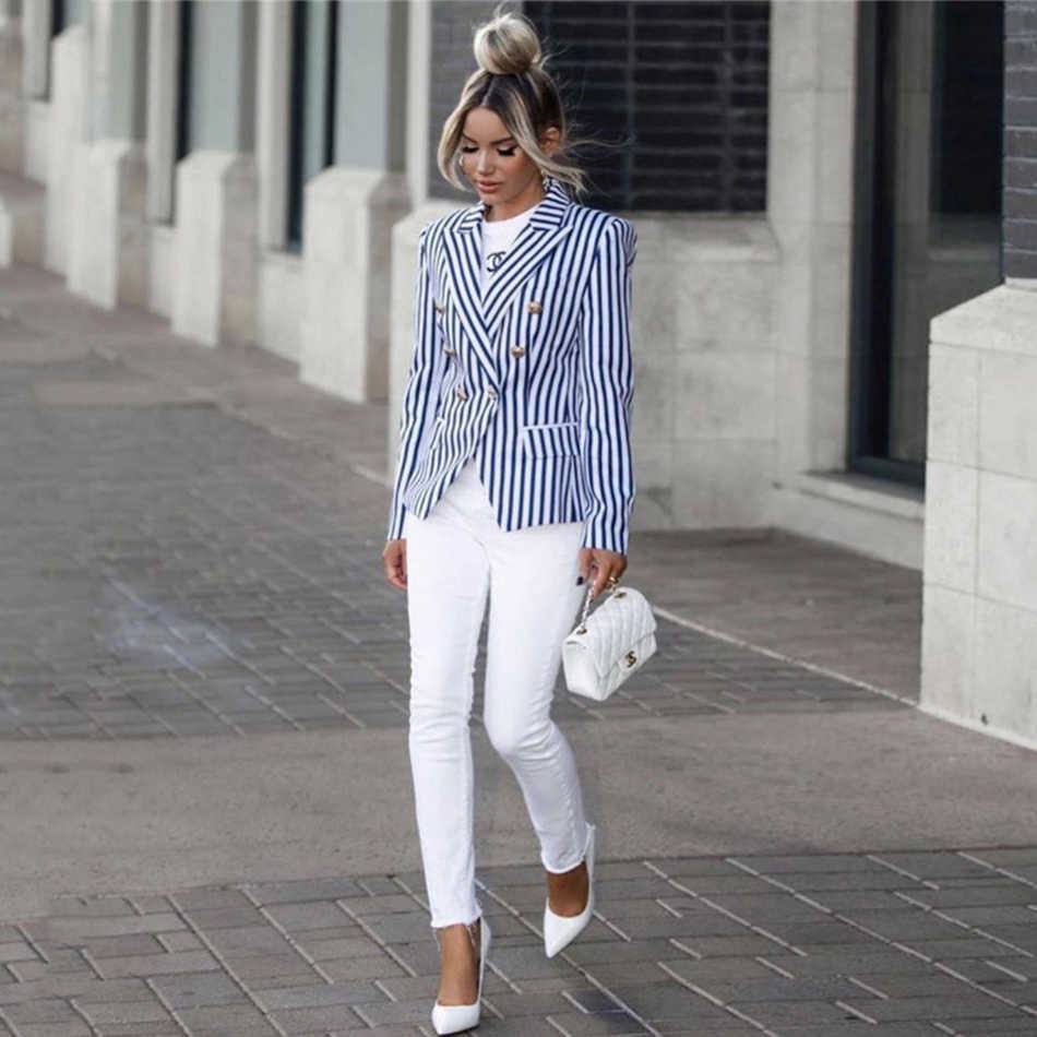 Summer High Quality Long Sleeves Classic Stripe Fitted Suit Double Breasted Metal Lion Head Buckle Blazer 210525