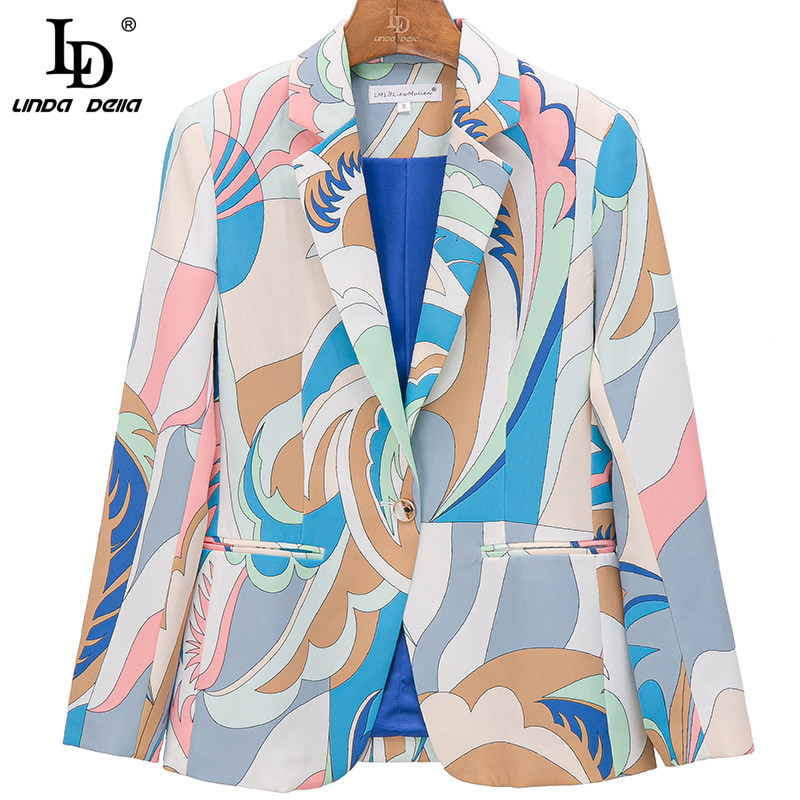 Fashion Runway Autumn Women Shawl Collar Single Button Long jacket Top and Print Full Length Pants 2 Pieces Sets 210522