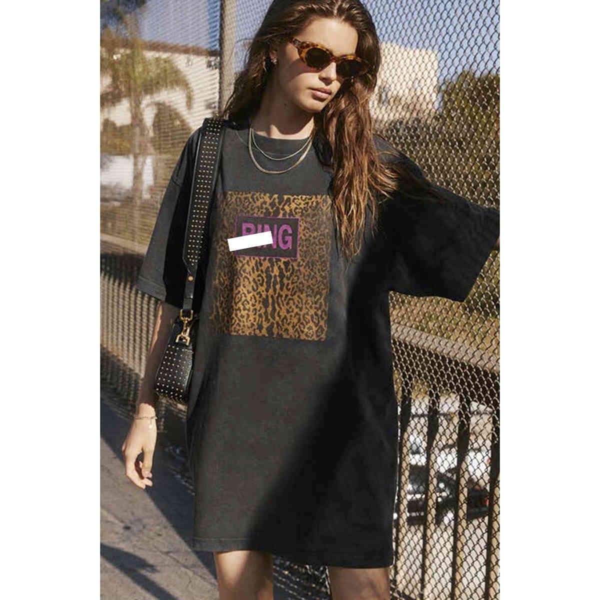 Vintage Women Tee Dress Letter Leopard Print Long T-shirt 100% Cotton Round Neck Shirt Short Sleeve Summer Shirt Oversize Tops 210406