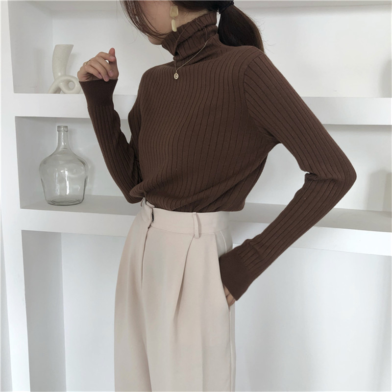 Autumn Spring OL Minimalist Slim-fit Knitted Pullovers Women Sweaters Turtleneck Sweater Winter Bottoming Tops 210421