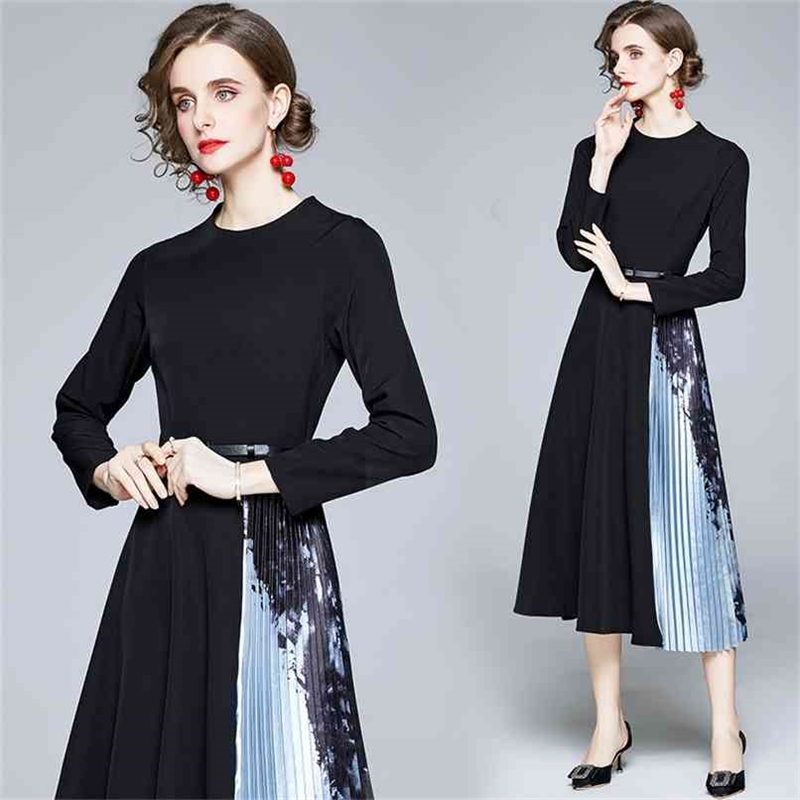 Women's dress temperament black slim printed long-sleeved pleated stitching with belt 210520, Black spell blue
Women's dress temperament black slim printed long-sleeved pleated stitching with belt 210520, Black spell blue
