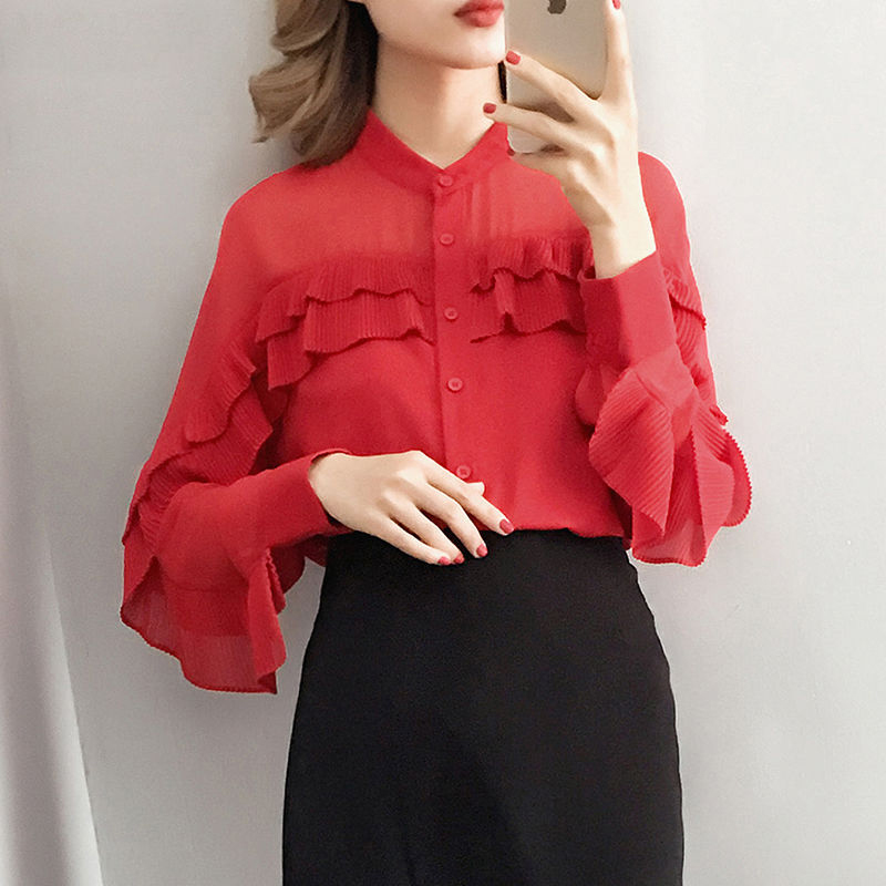 Spring Autumn Korea Fashion Women Shirt Plus Size Batwing Sleeve Ruffles Chiffon Blouses Sweet Red Blouse Ladies Tops D314 210512