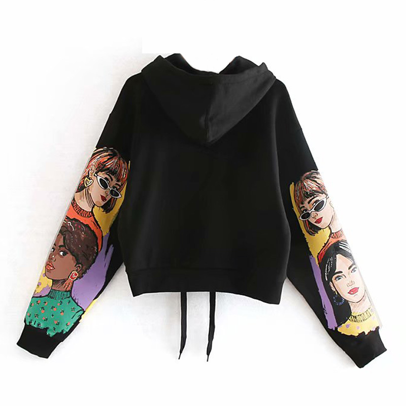 Streetwear Character Print Hooded Hoodies Women Long Sleeve Loose Black Sweatshirts Pullover Tops Autumn Spring Sudadera Mujer 210515
