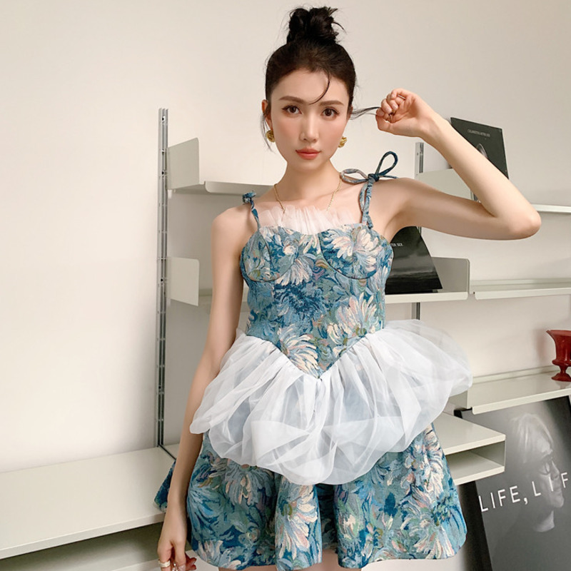 Women Dress Printing Sleeveless High Waist Patchwork Temperament Cute Short Dresses Fit Fashion Summer 2H280 210526