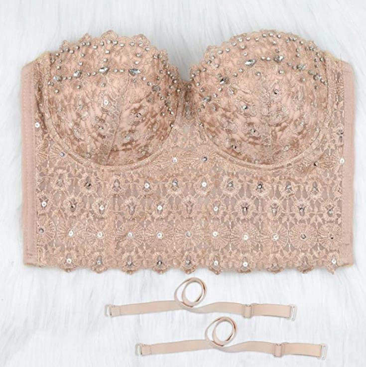 Women's Lace Rhinestone Bustier Crop Top Camis Clubwear Sexy Mesh Corset Push Up Bra Fashion Tanks Champagne Black White XS-L
