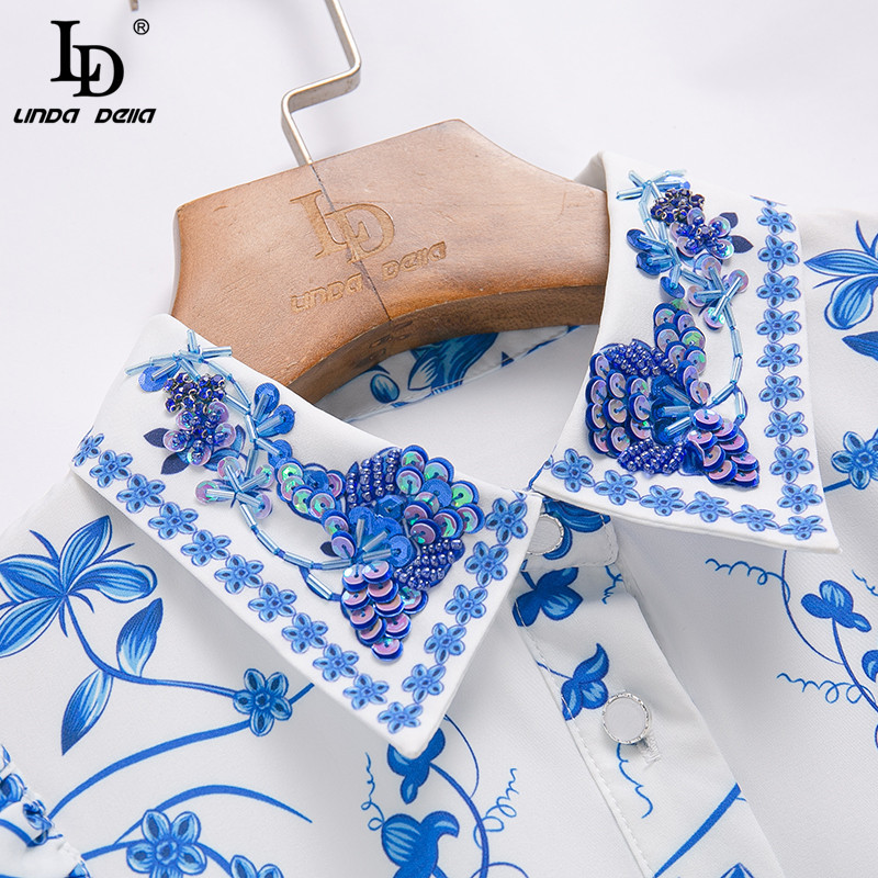 Fashion Runway Summer Dress Women Sequins Long Sleeve Elegant Blue White Print Holiday Female Vintage Midi 210522