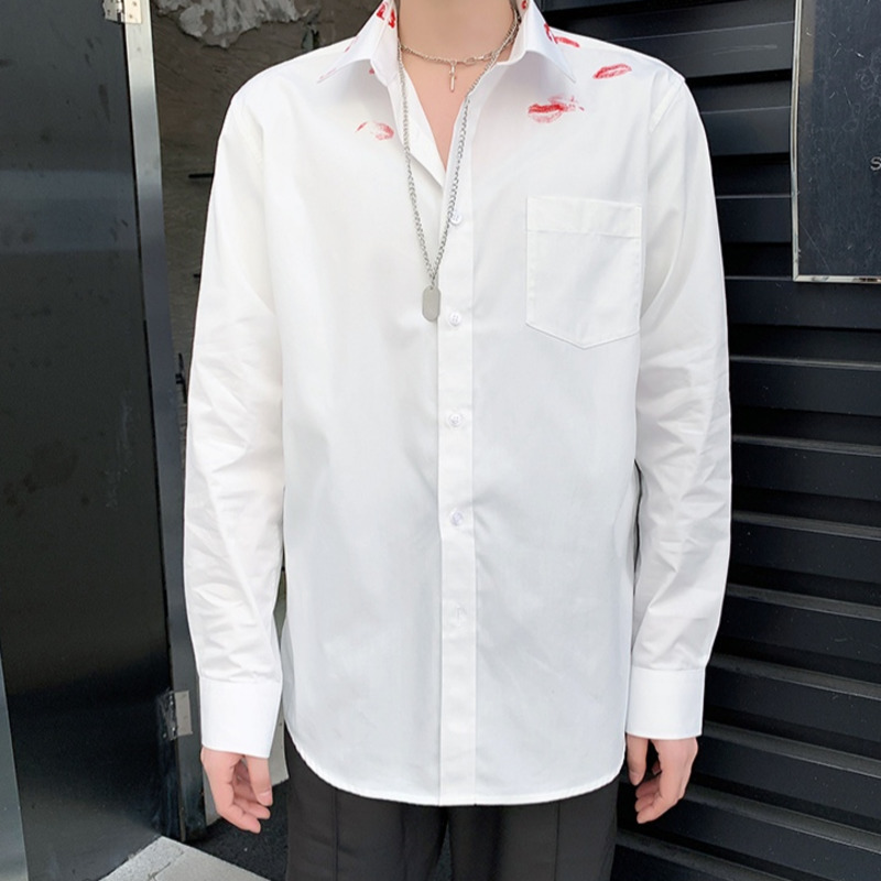 IEFB Men's Clothing Lipstick Printed White Shirt Spring Summer Korean Streetwear Fashion Long Sleeve Tops 9Y6060 210524