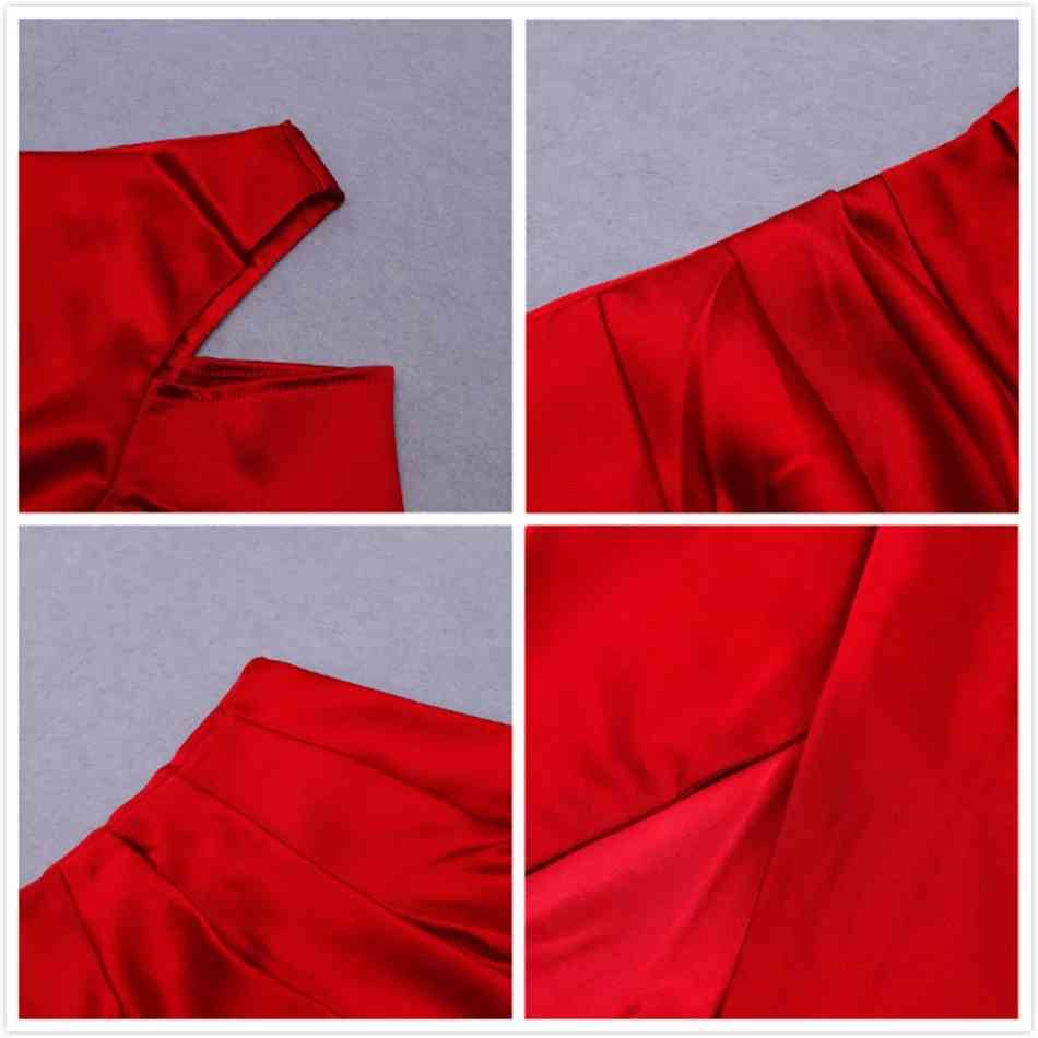 Free Women Red Satin Dress Vestidos Sexy One-shoulder Hollow Long Sleeve Bodycon Split Draped Club Party 210524