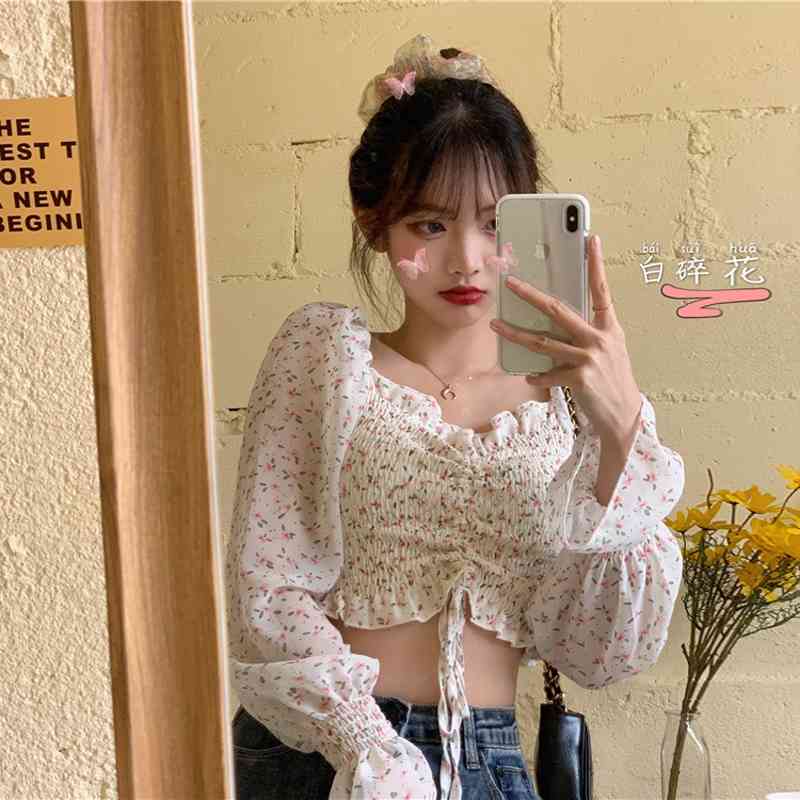 Summer Chiffon Floral Blouse Female Cropped Top Square Collar Korean Style Lantern Sleeves Flower 210510