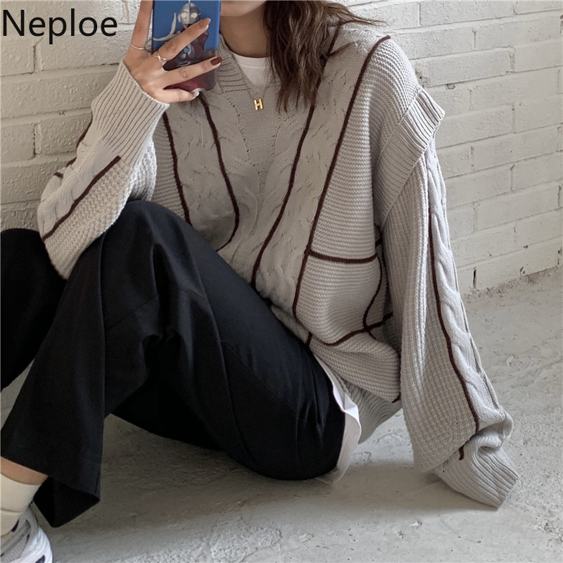 Neploe Vintage Knitted Sweaters for Women Overiszed Outwear Temperament Pullovers V-neck Ribbed Jumper Coat Pull Femme 4G825 210422