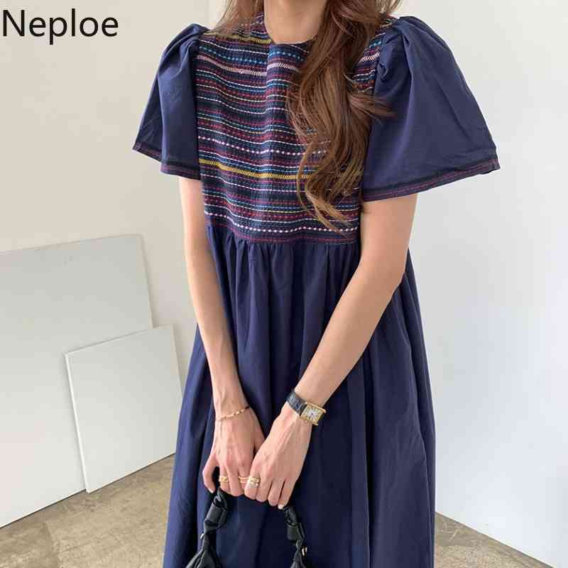 Neploe Women's Summer Dress Retro Heavy Embroidered Puff Sleeve High Waist Loose Vestidos Korean O Neck Temperament Dresses 210422