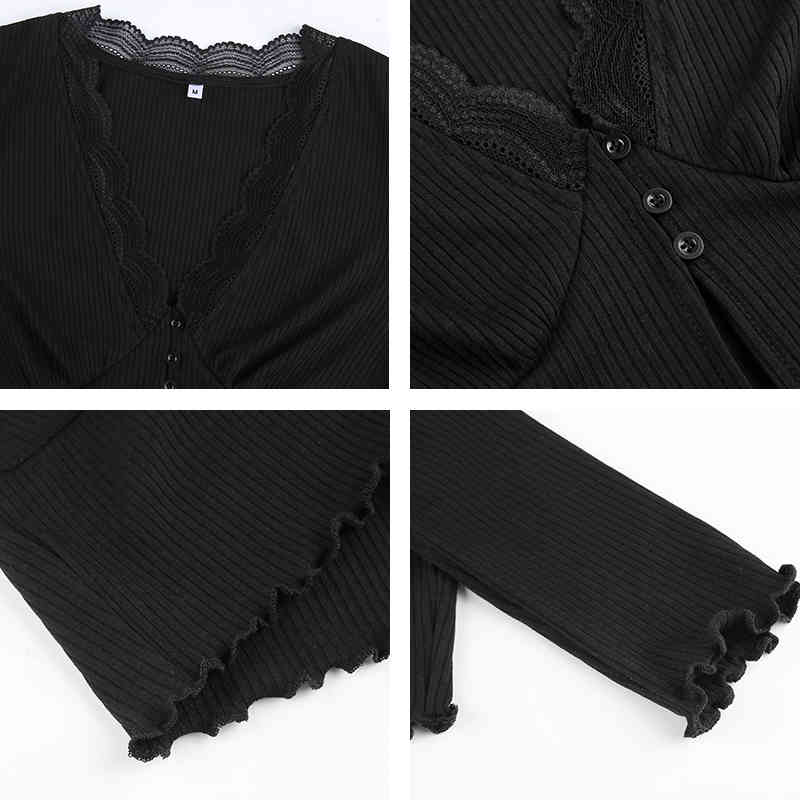 Knitted Ribbed Y2K Crop Top Lace Patched Women's Shirt Long Sleeve Knitwear Button Up Sexy Deep V-Neck Party E Girl Tee 210406