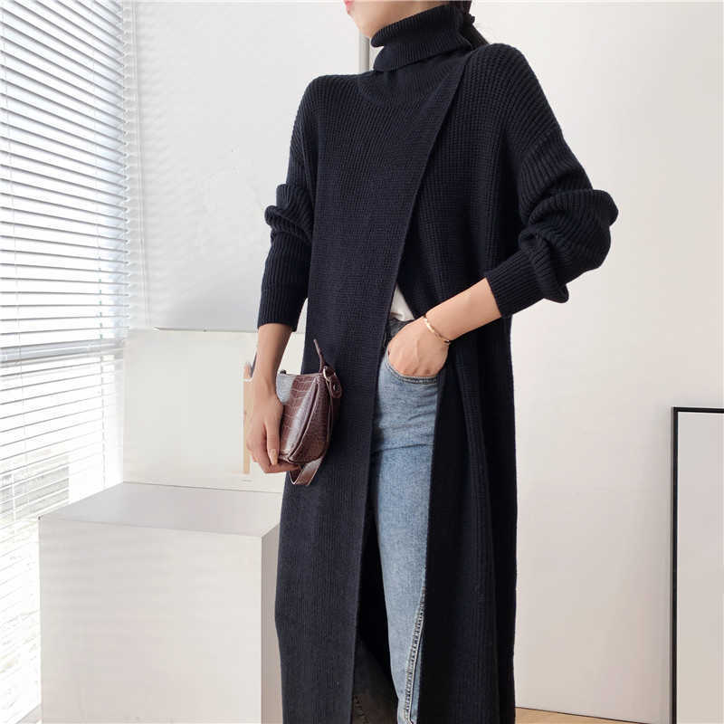Vent Long Knitting Sweater Loose Fit Turtleneck Sleeve Women Pullovers Fashion Autumn Winter 1DA357 211011Z