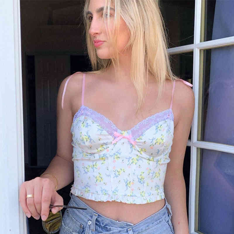 SUCHCUTE yellow flower top women Y2K aesthetics female T-shirt bow Spaghetti Straps E-girl Lace tee vintage summer tees 210406