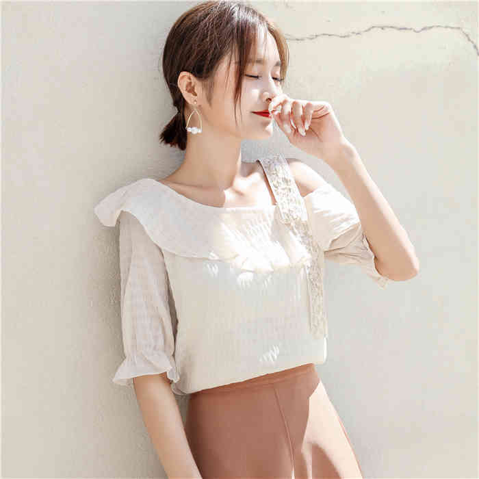 fashion sexy solid women tops short sleeved blouse slash neck summer sweet lady chiffon shirt 0509 40 210506