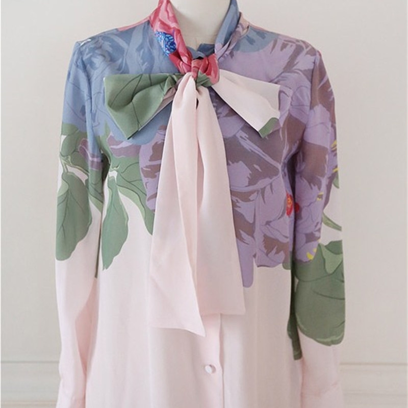 High Quality Autumn Fashion Bow Collar flowers printing Long sleeve Blouse Top+ Midi Pleated Skirt Flower 2PCS Clothing Set 210519