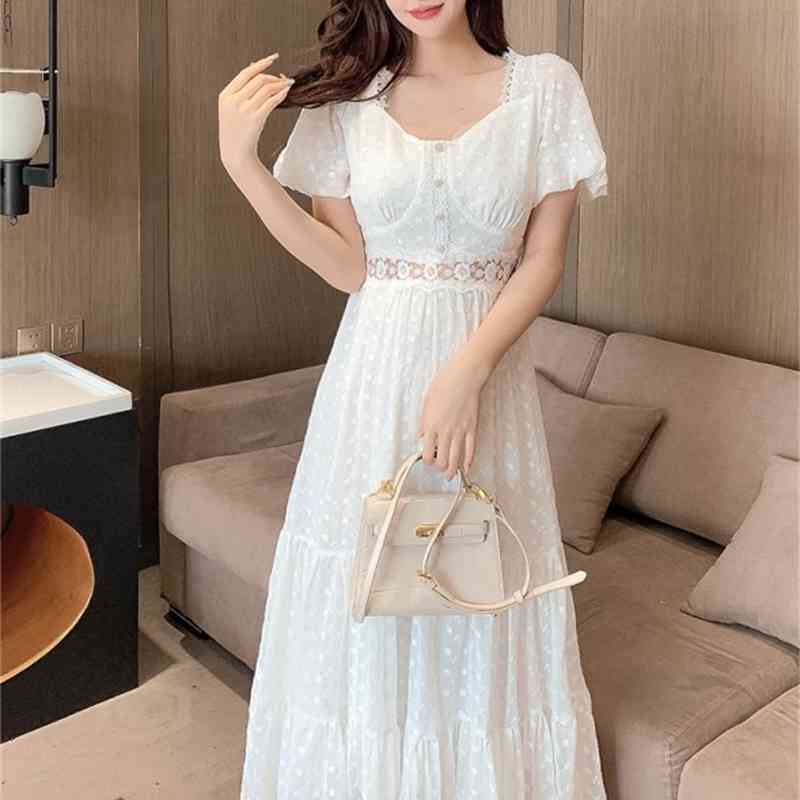 Elegant Fashion Women Dresses French Summer Sweet Lace Splicing Chiffon Embroidery Slim Waist Casual Long Dress Female 210519