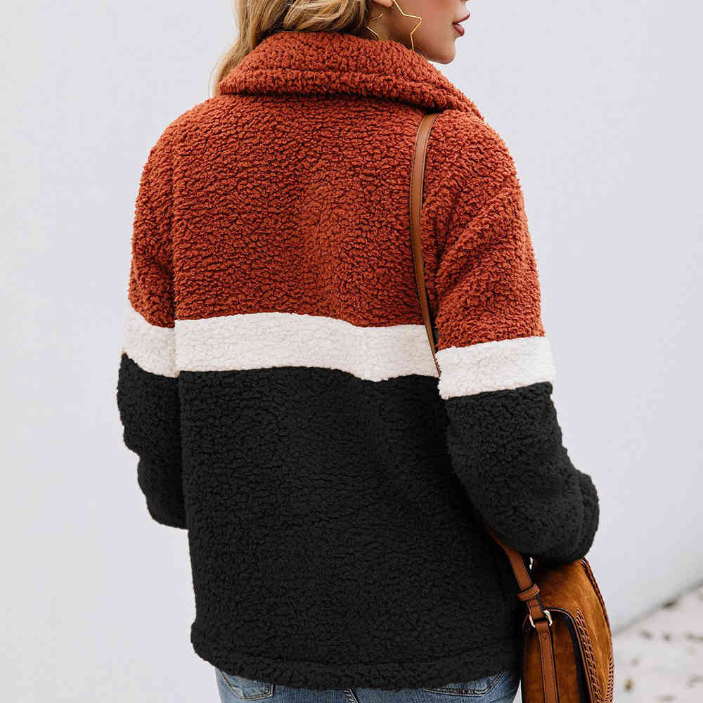 Color Block Warm Thick Faux Fur Zipper Hoodies Caual Pockets Teddy Jacket Elegant Coat Fashion Patchwork Outwear 210428
