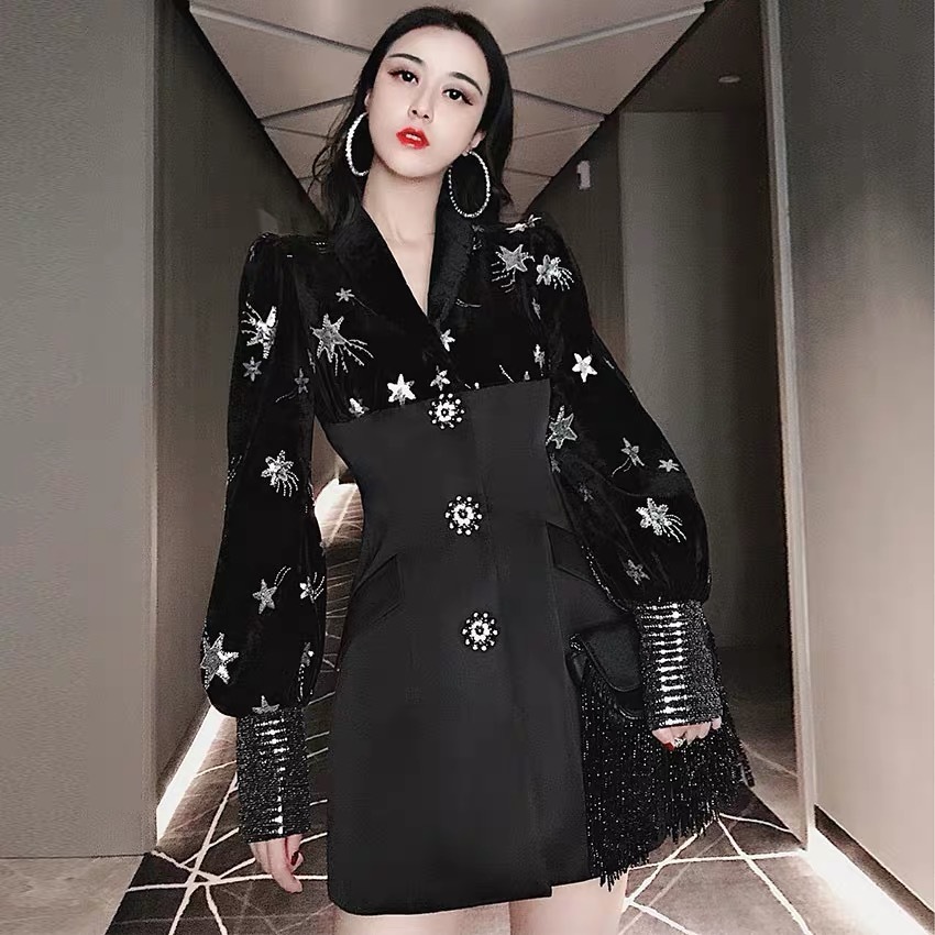 Autunm Winter Fashion Embroidery Pactwork Single Breasted Lantern Sleeve Mini Dress Notched Casual Blazers 210421