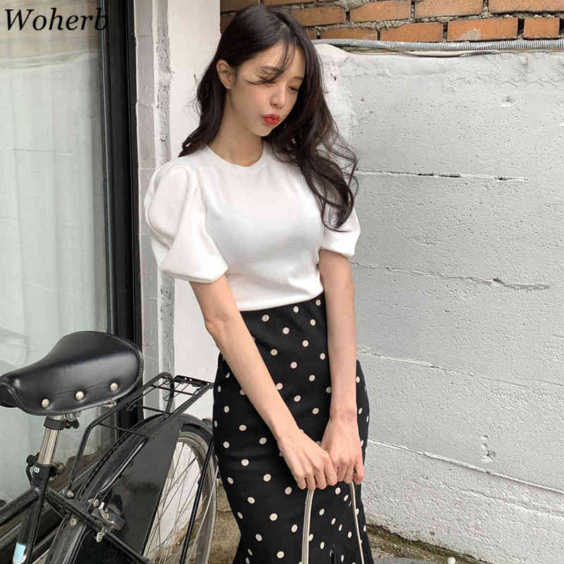 Korean Suit Simple O-Neck Puff Sleeve Tops High Waist Polka Dot Bodycon Fishtail Skirt Femme Roupas Two Piece Sets Women 210422