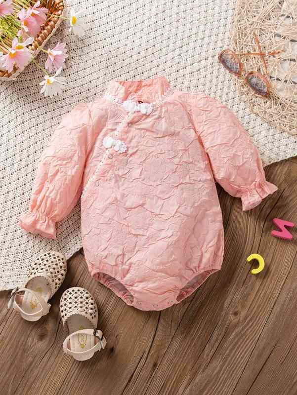 Baby Textured Mandarin Collar Flounce Cuff Frog Button Bodysuit SHE