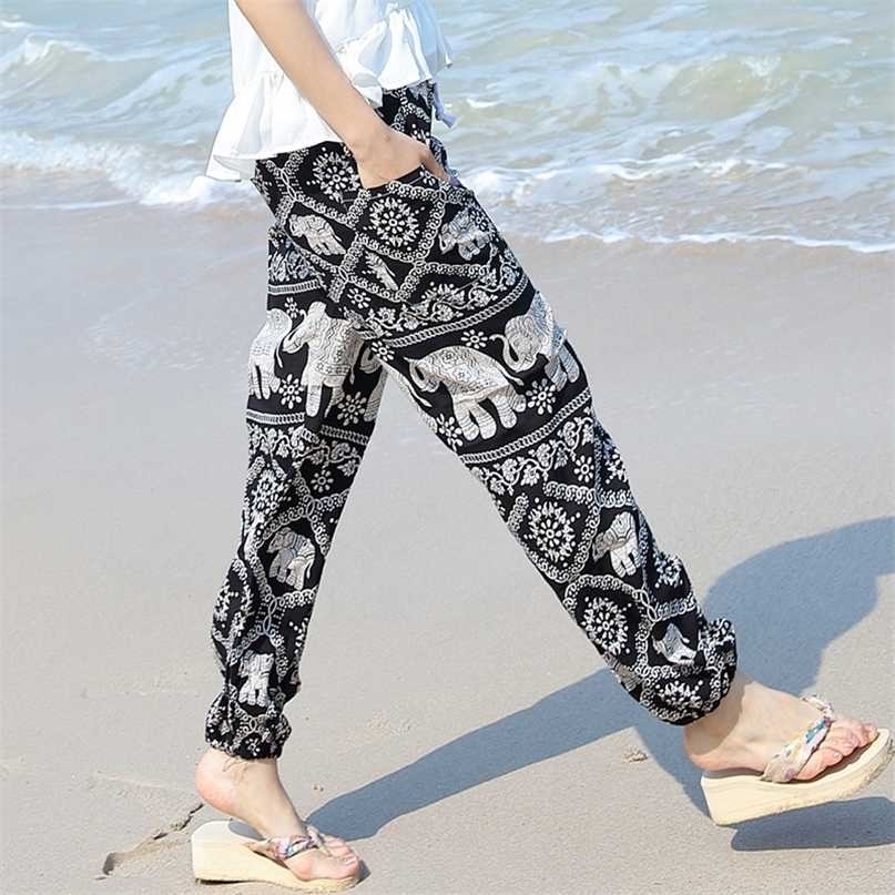 Summer selling Boho printed cotton trousers loose pants elephant printing elastic hem waist with pockets wholesale 211115